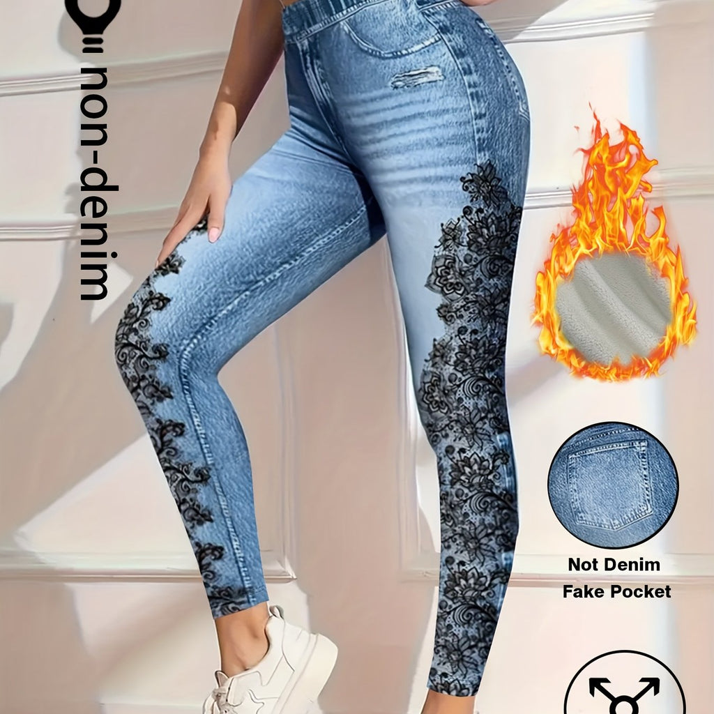 Cozy Faux Denim Leggings with Fleece Lining