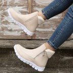Botas de Inverno Femininas Aconchegantes com Forro de Fleece - Cano Curto, Solado Grosso, Zíper Lateral, Detalhe de Estrela, Bico Redondo Casual, Bege, Para Clima Frio, Botas de Inverno, Solado Grosso, Botas Curtas, Botas para Clima Frio