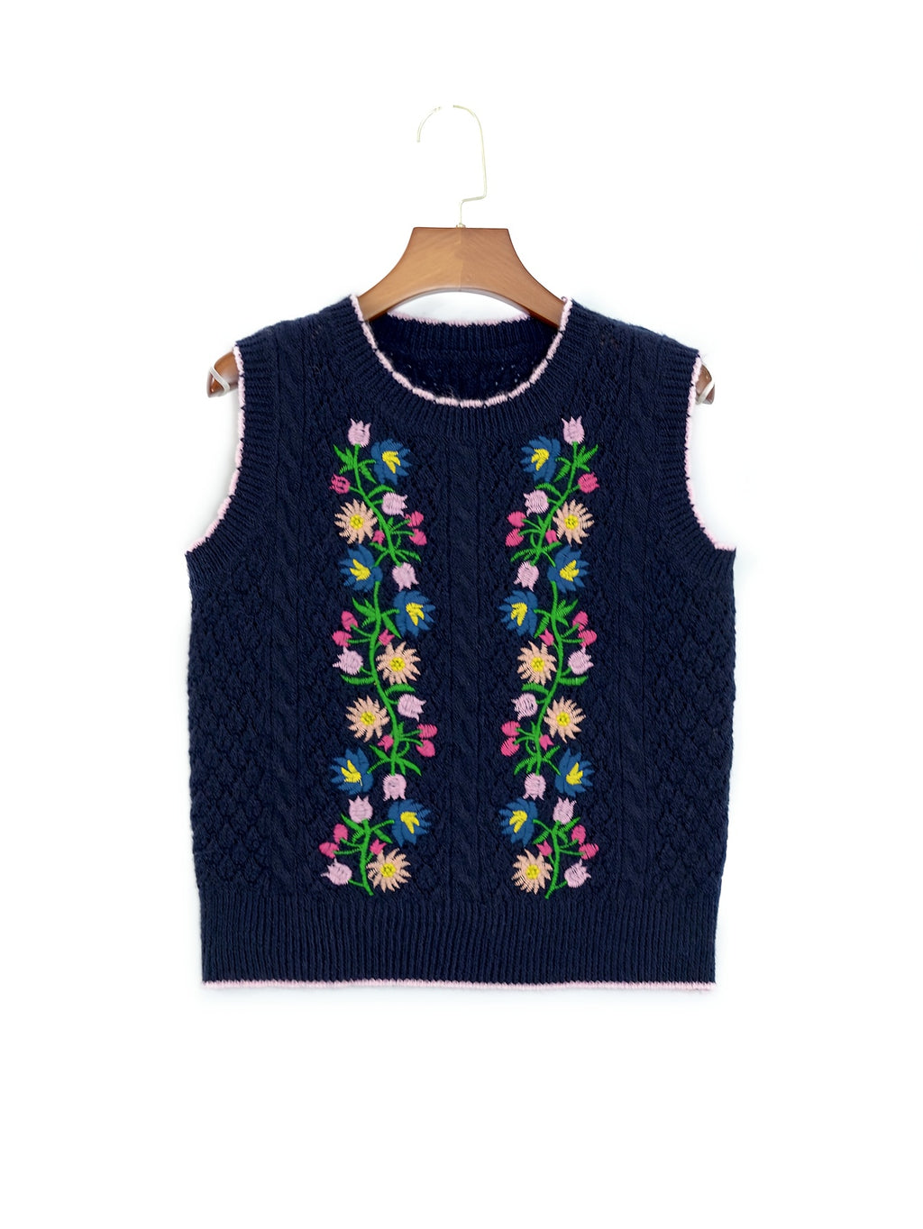 Suéter Feminino Floral - Colete de Malha Elástico, Sem Mangas para Eventos Casuais e Formais, Lavável na Máquina (Verde com Detalhes em Rosa/Azul/Roxo) - Suéter Elegante para Todas as Estações, Blusas Fofas