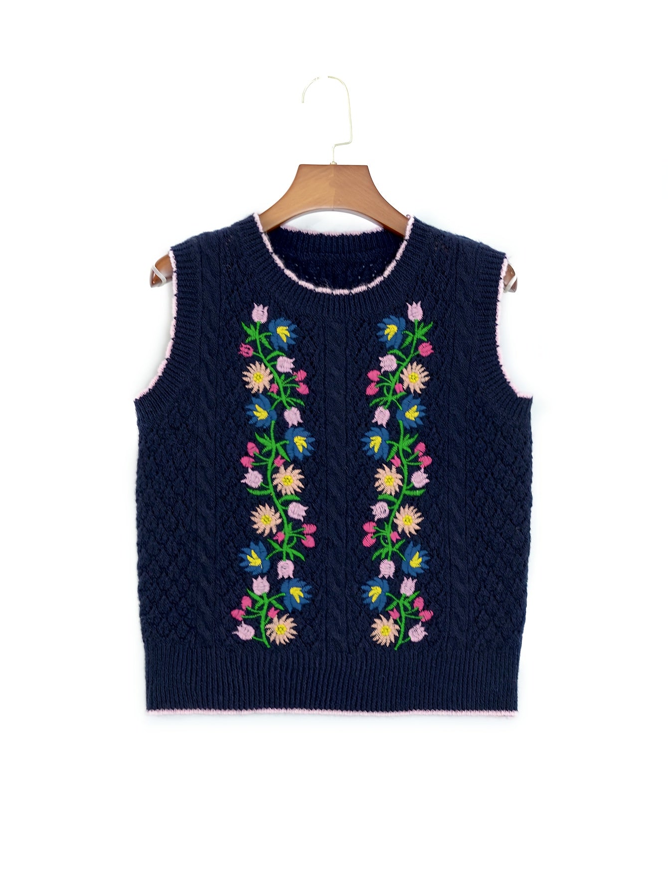 Suéter Feminino Floral - Colete de Malha Elástico, Sem Mangas para Eventos Casuais e Formais, Lavável na Máquina (Verde com Detalhes em Rosa/Azul/Roxo) - Suéter Elegante para Todas as Estações, Blusas Fofas