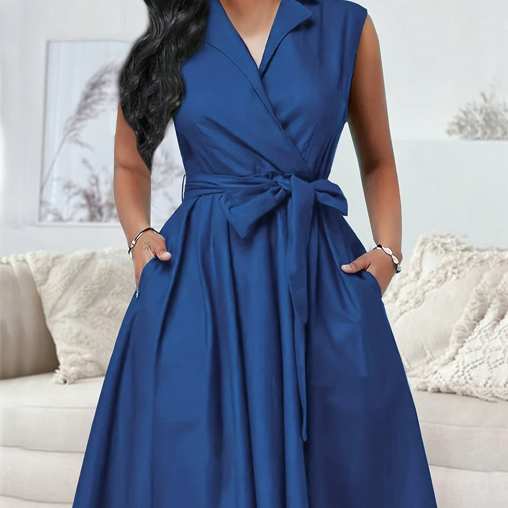 Elegant Sleeveless A-Line Dress with Belt Detail