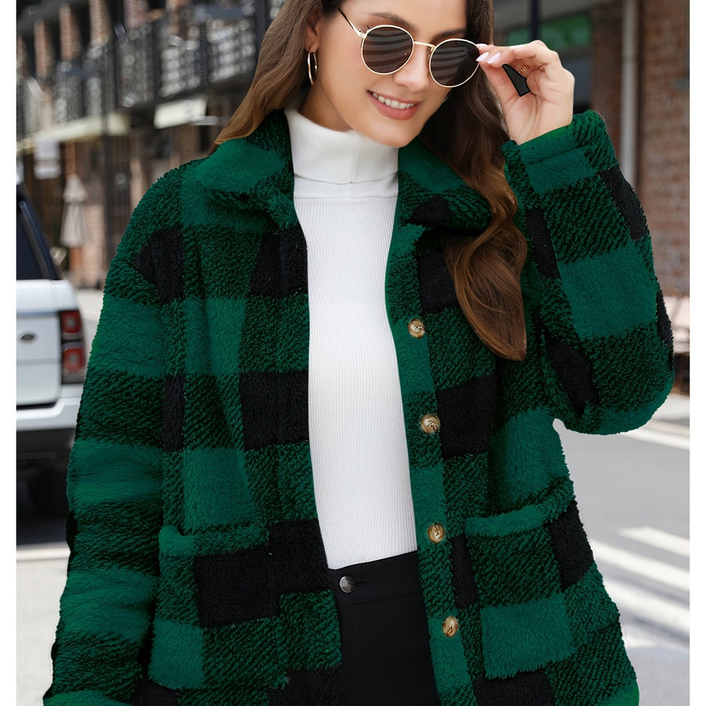 Teddy Coat with Plaid Pattern and Patched Pockets