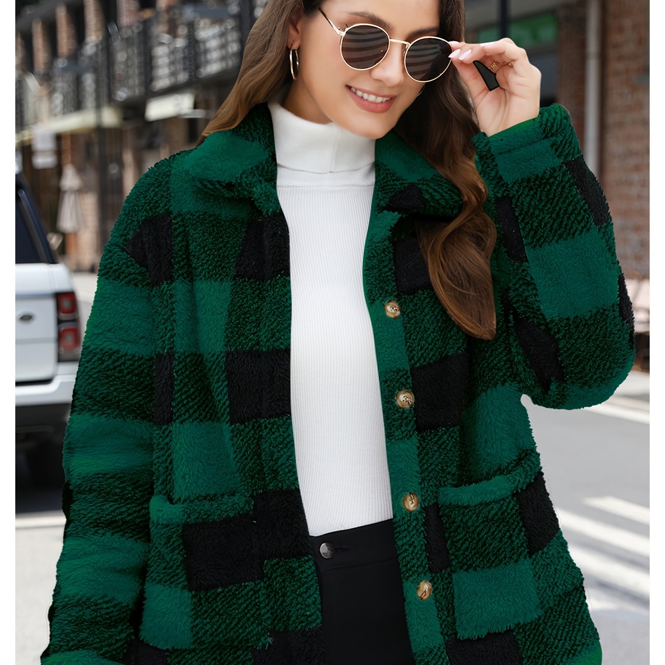 Teddy Coat with Plaid Pattern and Patched Pockets