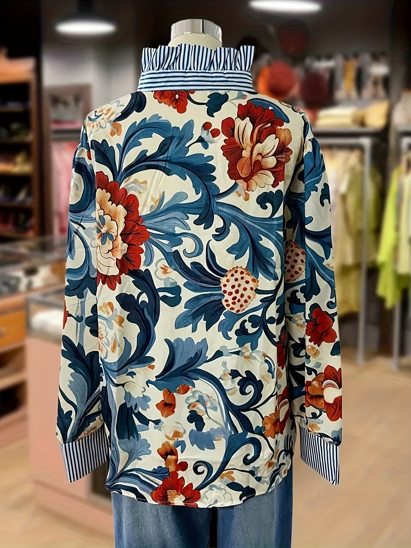 Blusa Elegante Feminina com Estampa Paisley - Camisa de Manga Longa com Botões na Frente e Multicolor (Azul Marinho/Bege/Vermelho/Dourado) - Top Estruturado de Inverno para Casamentos e Eventos Semi-Formais - Camisa com Gola Não Elástica e Lavável à Máquina
