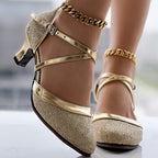 Sapatos De Dança Latina D'Orsay Com Brilho Para Mulheres, Saltos Médios Robustos Com Fivela Cruzada, Sapatos De Dança Elegantes Para Todas As Ocasiões