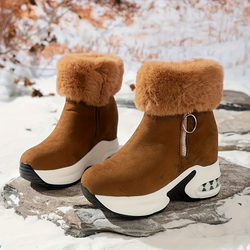 Botas de Plataforma MZMQS para Mulheres com Fecho de Zíper - Sola Grossa Antiderrapante em PU, Sapatos Quentes para o Inverno - Botas Pretas para Looks Casuais e Formais, Aumento Confortável de Altura, Design com Babado Peludo, Calçados Duráveis e Forrados a Lã, Moda Feminina