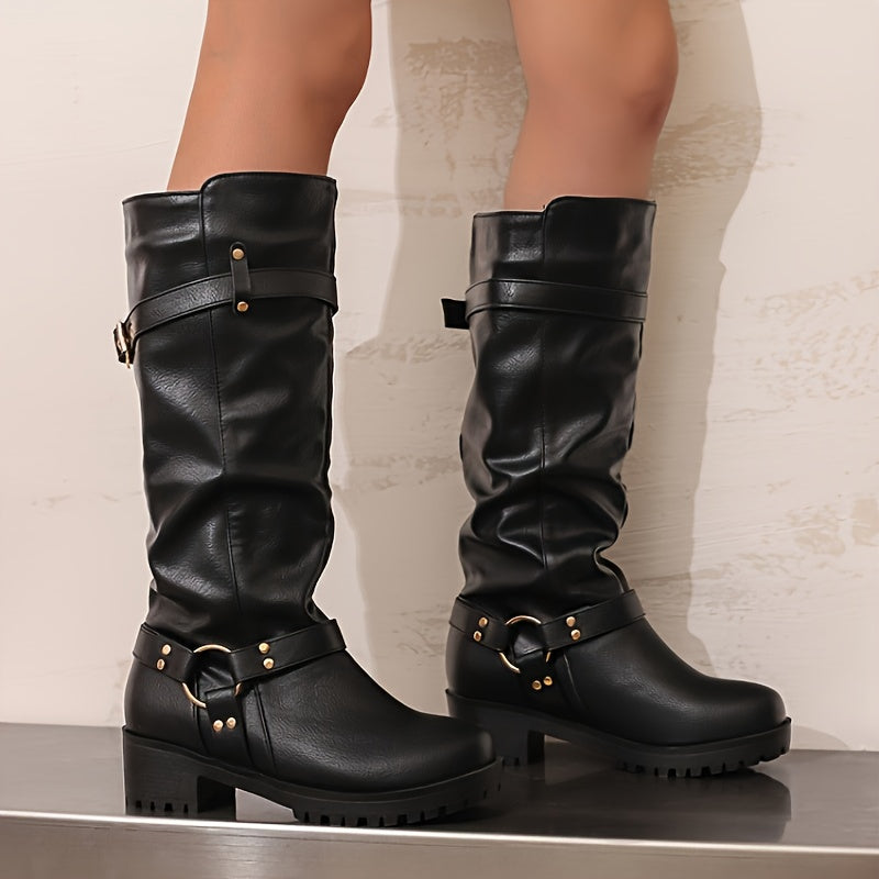 Botas de cavaleiro para mulheres - Botas de cano alto com plataforma grossa, cobertura de imitação para todas as estações, botas de cowboy para uso diário e formal - Tamanhos estendidos disponíveis - Sola de borracha antiderrapante fácil de limpar - Calçado de moda europeu/americanas, botas de cowgirl, calçado versátil, design de bique redondo, construção durável, uso casual, forro confortável, uso de escritório, calçado elegante, lavável à mão, escolha de botas fabulosas, bique, calçado acess
