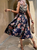 Vestido Feminino Elegante Decote em V Curto a Médio Comprimento A-Line - Sem Mangas, Cintura Smock, Estampa Floral Vermelho e Verde, Lavável à Máquina, Primavera Verão, Convidada de Casamento, Festa, Vestido Semi-Transparente para Mulheres