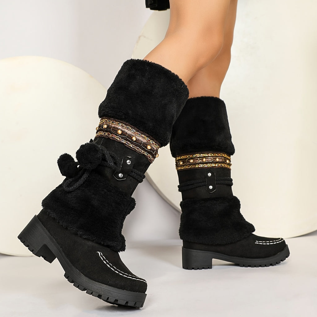 Botas de Inverno Retrô Bohemian Femininas com Detalhes de Bolas de Miçangas e Laço - Botas de Cano Médio com Solado de Borracha Grossa e Forro de Pele Sintética para Passeios Casuais, Encontros, Compras - Preto, Botas de Inverno
