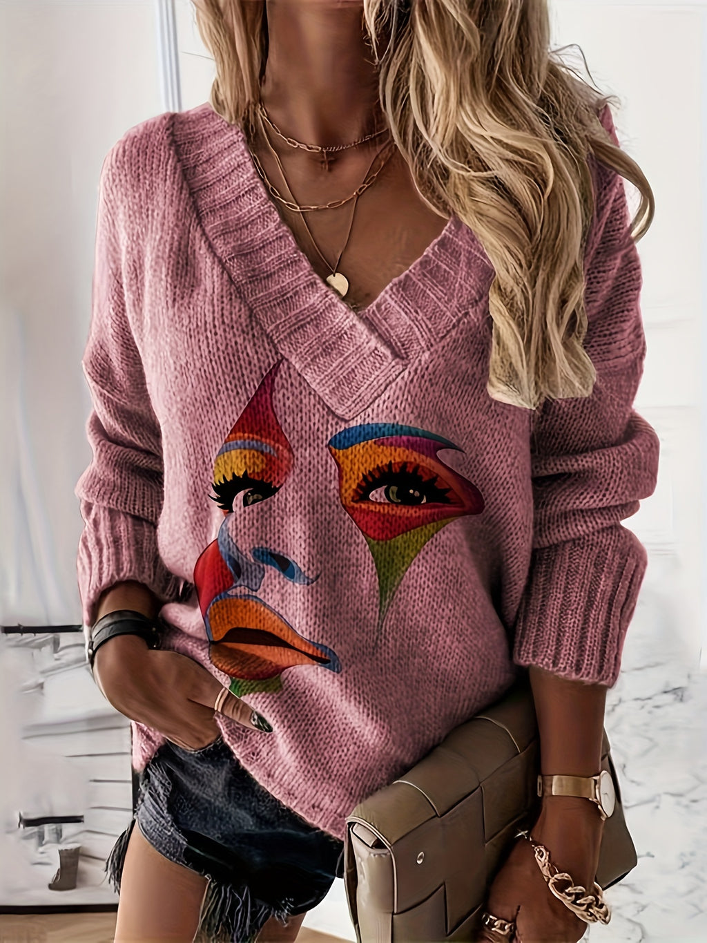 Blusa Casual de Gola V com Estampa em Contraste e Tecido Solto em Estoque