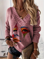 Blusa Casual de Gola V com Estampa em Contraste e Tecido Solto em Estoque