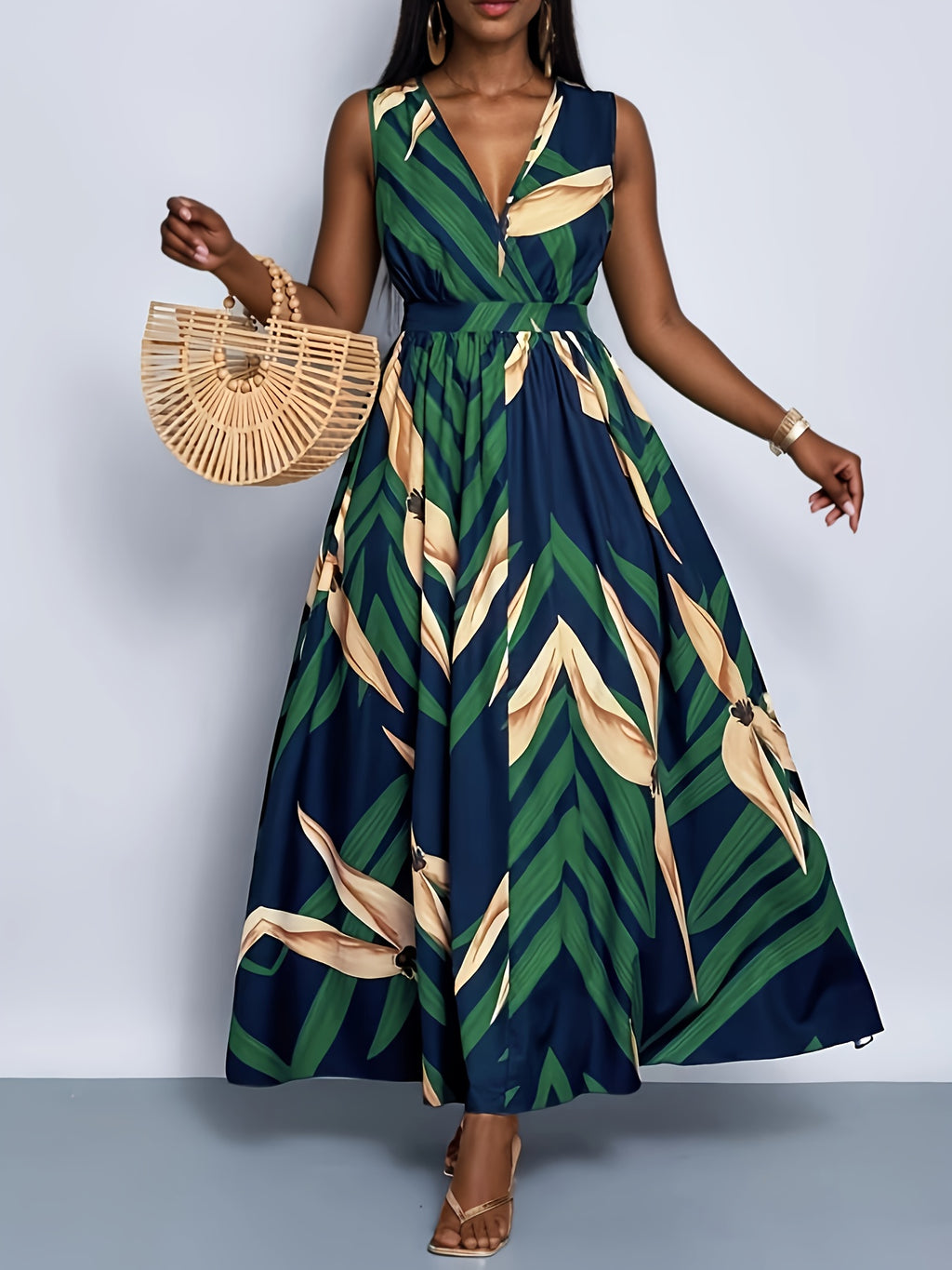 Vestido Maxi A-Line com Estampa Tropical de Palmeira - Azul Marinho e Turquesa Manga Sino, Cintura Curta & Comprimento Fluído para Casamentos na Praia, Festas Eventos Verão - Lavável à Máquina Elegante no Espirito Resort