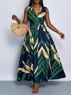 Vestido Maxi A-Line com Estampa Tropical de Palmeira - Azul Marinho e Turquesa Manga Sino, Cintura Curta & Comprimento Fluído para Casamentos na Praia, Festas Eventos Verão - Lavável à Máquina Elegante no Espirito Resort