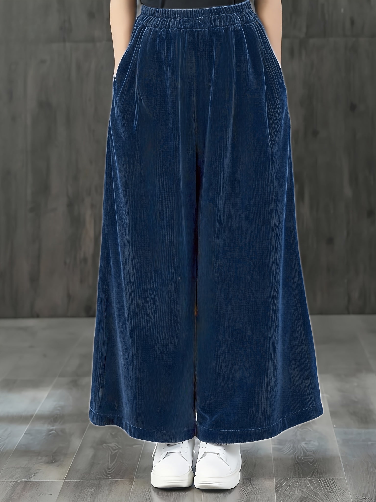 Calças de Bombazine de Perna Larga para Mulher - Calças Casuais de Cintura Elástica com Bolsos, Calças Compridas de Corte Solto para Looks Diários e Formais - Calças Confortáveis para Mulher em Todas as Estações