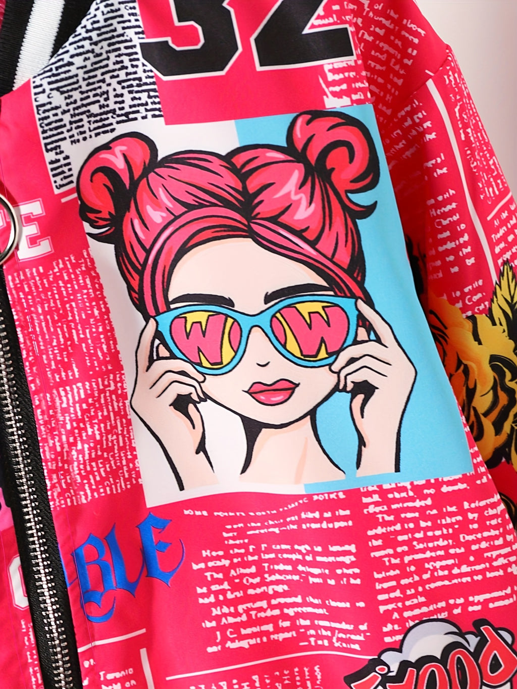 Jaqueta Bomber Aconchegante com Forro de Fleece e Estampa de Pop Art para Meninas - Casaco Casual com Zíper Estilo Baseball para Outono/Inverno, Tamanhos 130-170