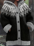 Casaco Plus Size Feminino de Inverno, Elegante com Capuz, Jacquard Macio e Grosso em Degradê de Montanha e Geleira, Tie-Dye, Confortável e Casual, Cardigan Vintage para Presente ou Dia a Dia