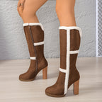 Botas de Neve de Inverno para Mulheres com Gola Falsa & Pelúcia - Salto Grosso Bloco, Sola Grossa de TPR, Fechamento com Zíper e Bico Redondo - Botas de Salto Alto Pretas e Brancas com Bico Redondo para Gelo e Neve (Somente Limpeza a Seco)