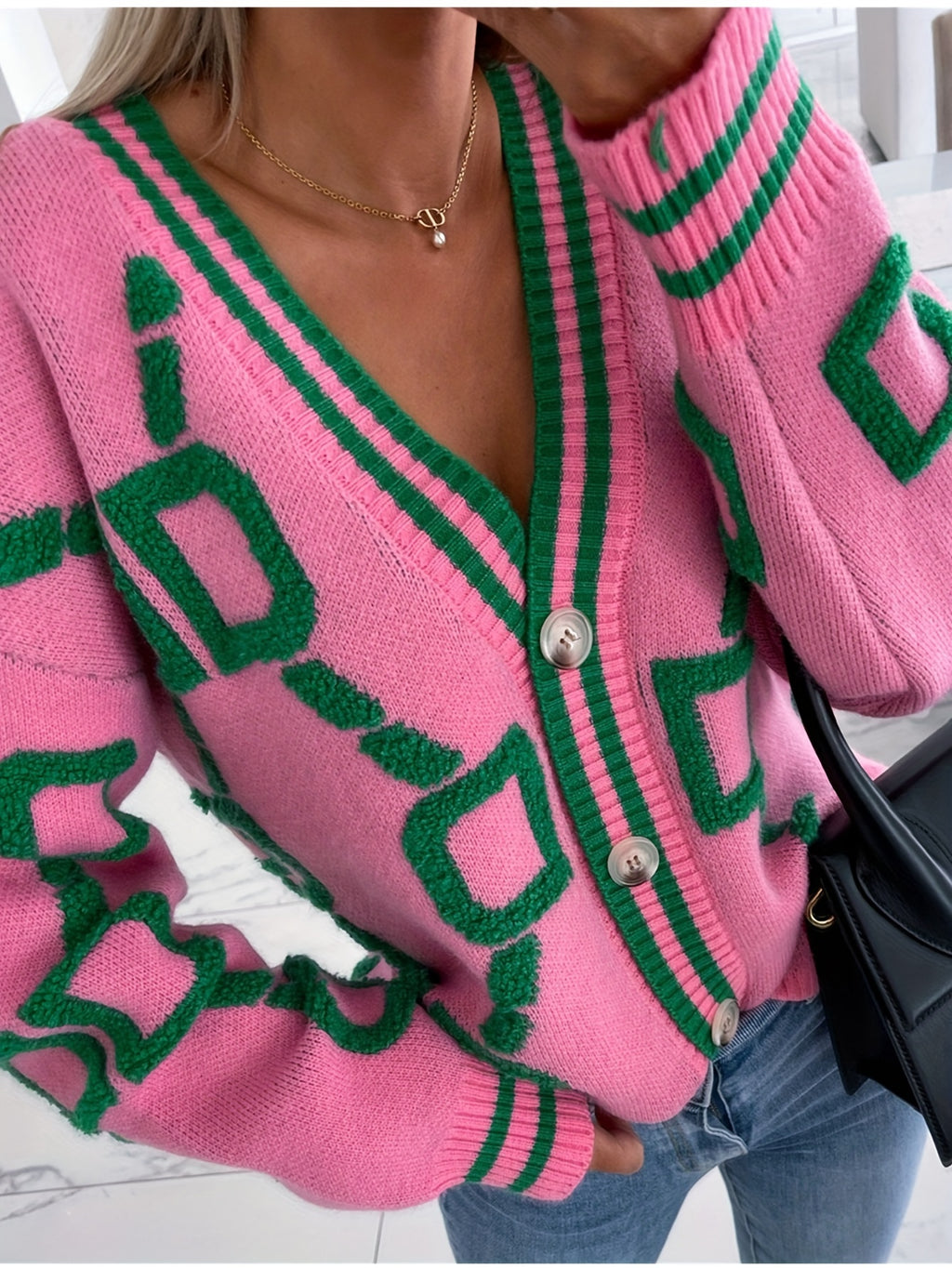 Casaco de malha com blocos de cor, casaco de malha com botões em decote em V, tops casuais para outono e inverno, roupa de mulher