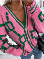 Casaco de malha com blocos de cor, casaco de malha com botões em decote em V, tops casuais para outono e inverno, roupa de mulher