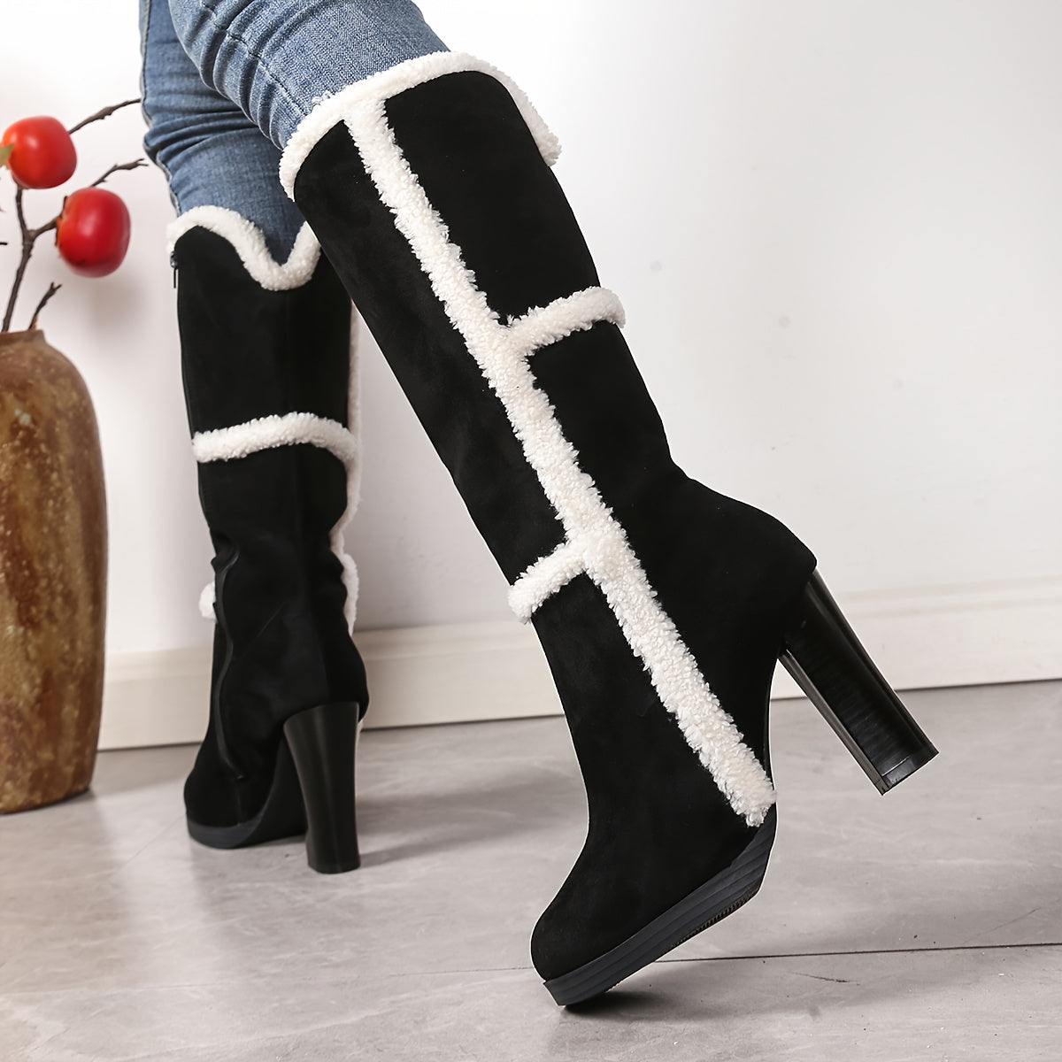 Botas de Neve de Inverno para Mulheres com Gola Falsa & Pelúcia - Salto Grosso Bloco, Sola Grossa de TPR, Fechamento com Zíper e Bico Redondo - Botas de Salto Alto Pretas e Brancas com Bico Redondo para Gelo e Neve (Somente Limpeza a Seco)