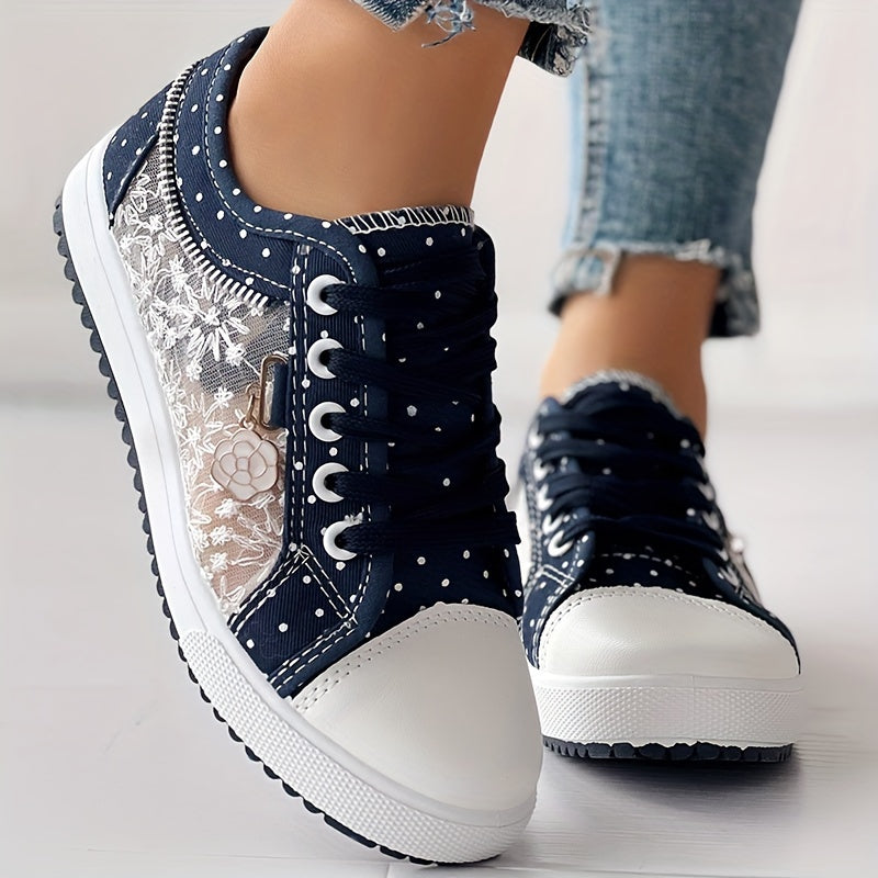 Tênis Casual Feminino com Malha Floral e Cobertura - Sapatos de Primavera Respiráveis de Cano Baixo com Cadarço e Bico Redondo, Calçado Confortável e Durável para Looks Casuais, Tênis Femininos, Calçado Estiloso ChicMe
