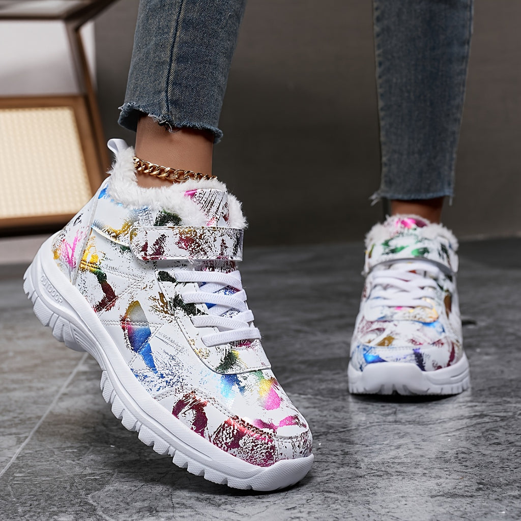 Botas de neve de inverno de pelúcia para mulheres - Salto médio acolchoado e grosso, bico redondo e fecho, padrão floral vibrante, forro de lã quente, perfeitas para ocasiões casuais e formais, botas de neve para mulheres, calçado formal, calçado com padrão decorativo, sola de EVA durável