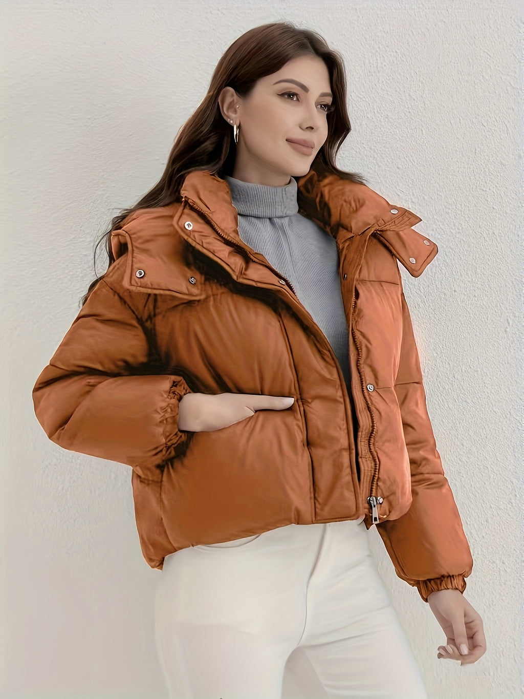 Casaco Leve com Capuz para Mulher - Casaco de Inverno Quente com Fecho de Zíper Completo, Gola Alta, Exterior - Roupa Exterior de Fácil Cuidado para Clima Frio para Uso Diário e Formal, Casaco de Inverno, Roupa Casual de Inverno, Design de Gola Alta, Roupa de Inverno Durável, Moda de Outono