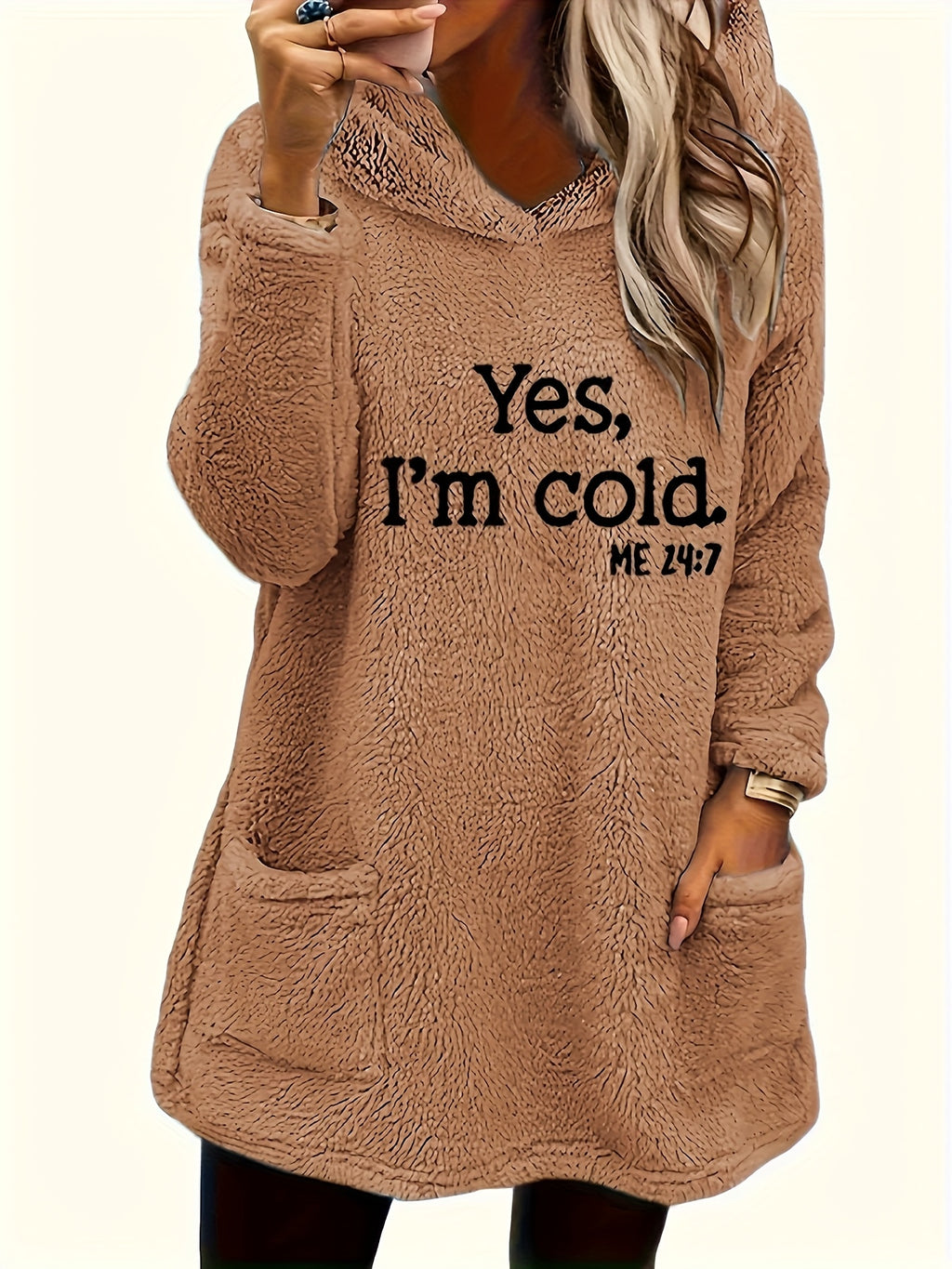 Moletom com Capuz de Urso Teddy "Sim, Estou Frio" para Mulheres - 100% Poliéster Ajuste Relaxado Manga Longa com Bolsos Duplos, Top Casual Forrado em Fleece Aconchegante para Outono & Inverno