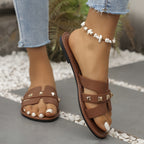 Sandálias Chinelas Femininas Chiques - Abertas Casualmente, Falso Cobertura com Tiras de Fivela Douradas, Sola de Borracha Confortável - Calçado Versátil para Todas as Estações