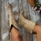 Botas De Cowboy De Salto Grosso Feminino, Botas De Cano Alto Na Moda, Botas Confortáveis ​​com Zíper Lateral