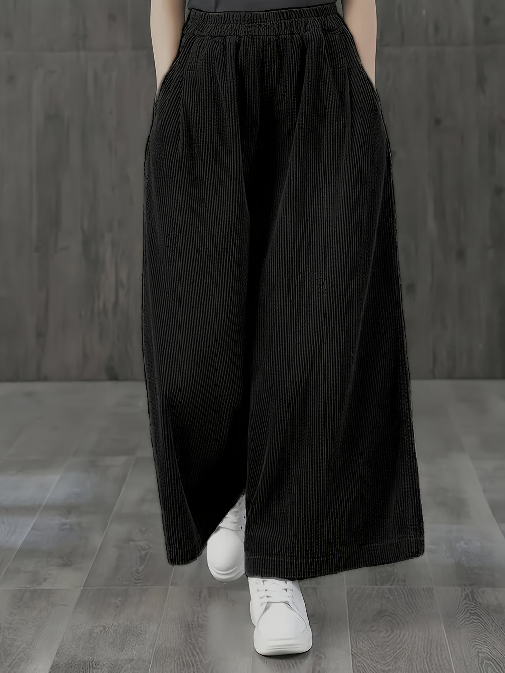 Calças de Bombazine de Perna Larga para Mulher - Calças Casuais de Cintura Elástica com Bolsos, Calças Compridas de Corte Solto para Looks Diários e Formais - Calças Confortáveis para Mulher em Todas as Estações