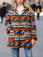 Casaco de Fleece com Capuz e Estampa Geométrica Asteca para Mulheres - Jaqueta Casual de Comprimento Médio com Bolsos Frontais, Lavável à Máquina & Fechamento de Botão Único para Passeios de Outono/Inverno, Moda de Outono, Design Étnico, Calor Duradouro