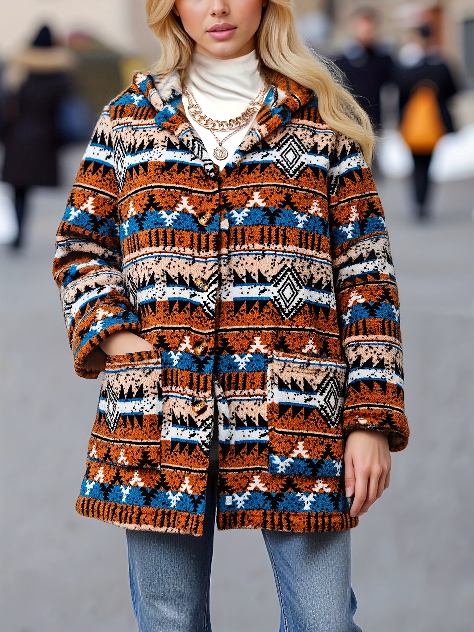 Casaco de Fleece com Capuz e Estampa Geométrica Asteca para Mulheres - Jaqueta Casual de Comprimento Médio com Bolsos Frontais, Lavável à Máquina & Fechamento de Botão Único para Passeios de Outono/Inverno, Moda de Outono, Design Étnico, Calor Duradouro