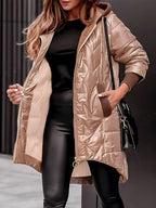 Jaqueta Feminina de Inverno com Capuz e Zíper - Casaco Acolchoado Adequado para o Clima, Elegante, Comprimento Médio a Comprimento Total, Lavável na Máquina (Sem Elasticidade)