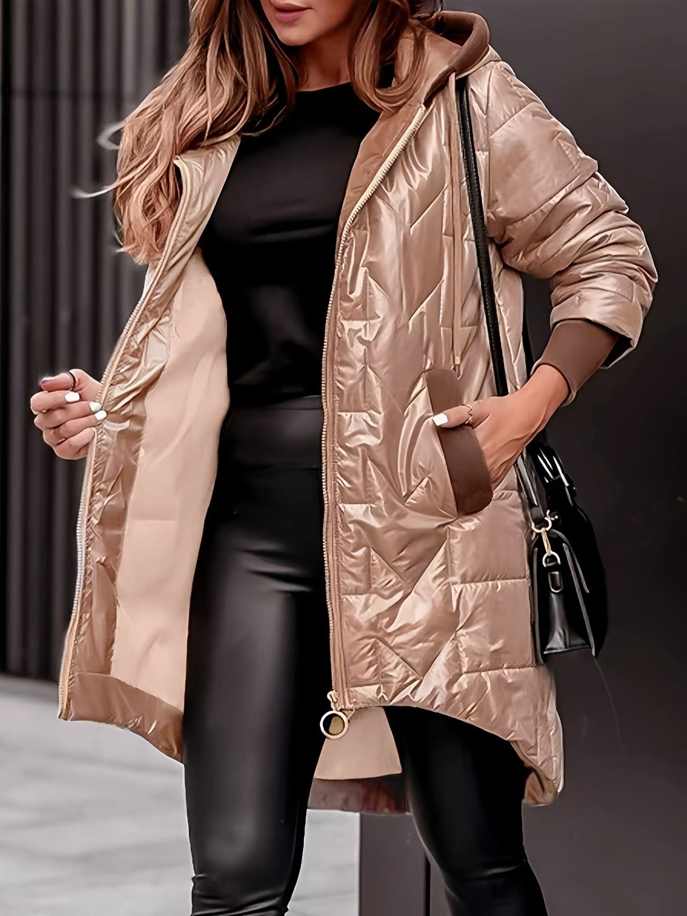 Jaqueta Feminina de Inverno com Capuz e Zíper - Casaco Acolchoado Adequado para o Clima, Elegante, Comprimento Médio a Comprimento Total, Lavável na Máquina (Sem Elasticidade)