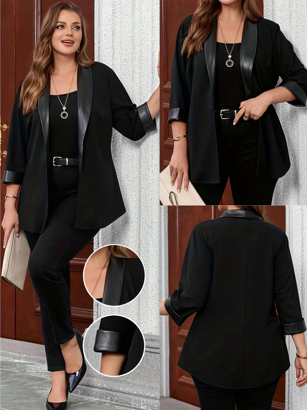 Jaqueta Casual Plus Size Feminina com Gola em PU e Cor Sólida para Primavera e Outono