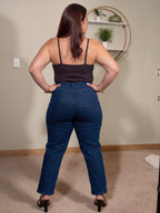 Jeans de Cintura Subida Elásticos de Perna Reta Plus Size para Mulher | Ganga Azul Confortável e Casual para Usar em Todas as Estações