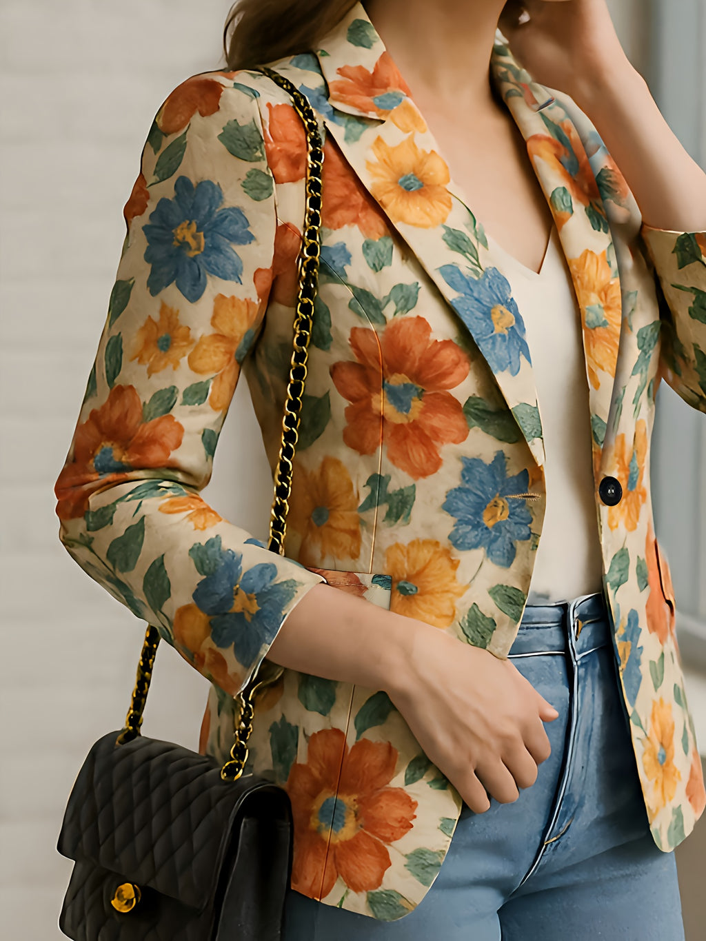 Chic e Elegante, esta Blazer elegante apresenta um único botão e um estampado floral.