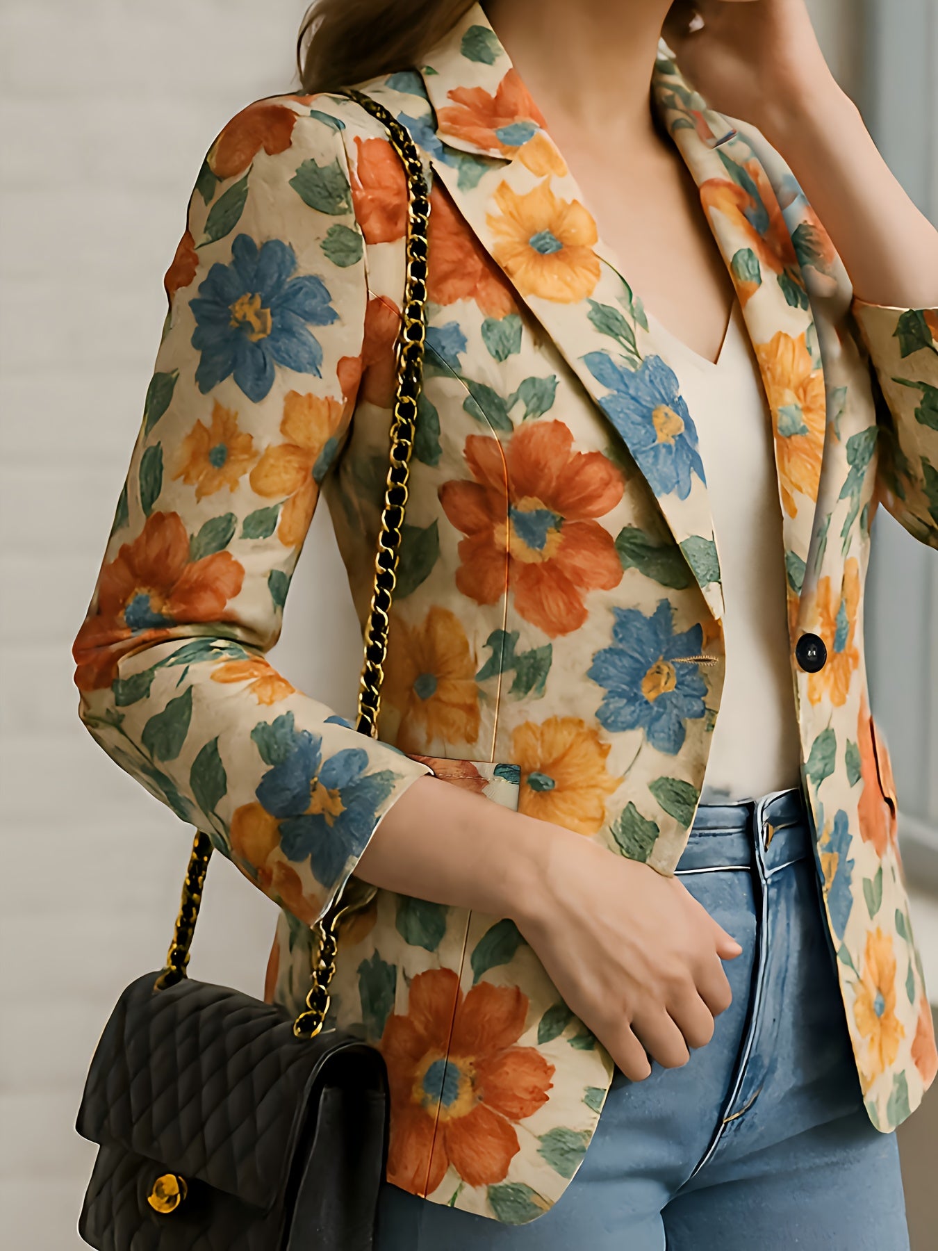 Chic e Elegante, esta Blazer elegante apresenta um único botão e um estampado floral.