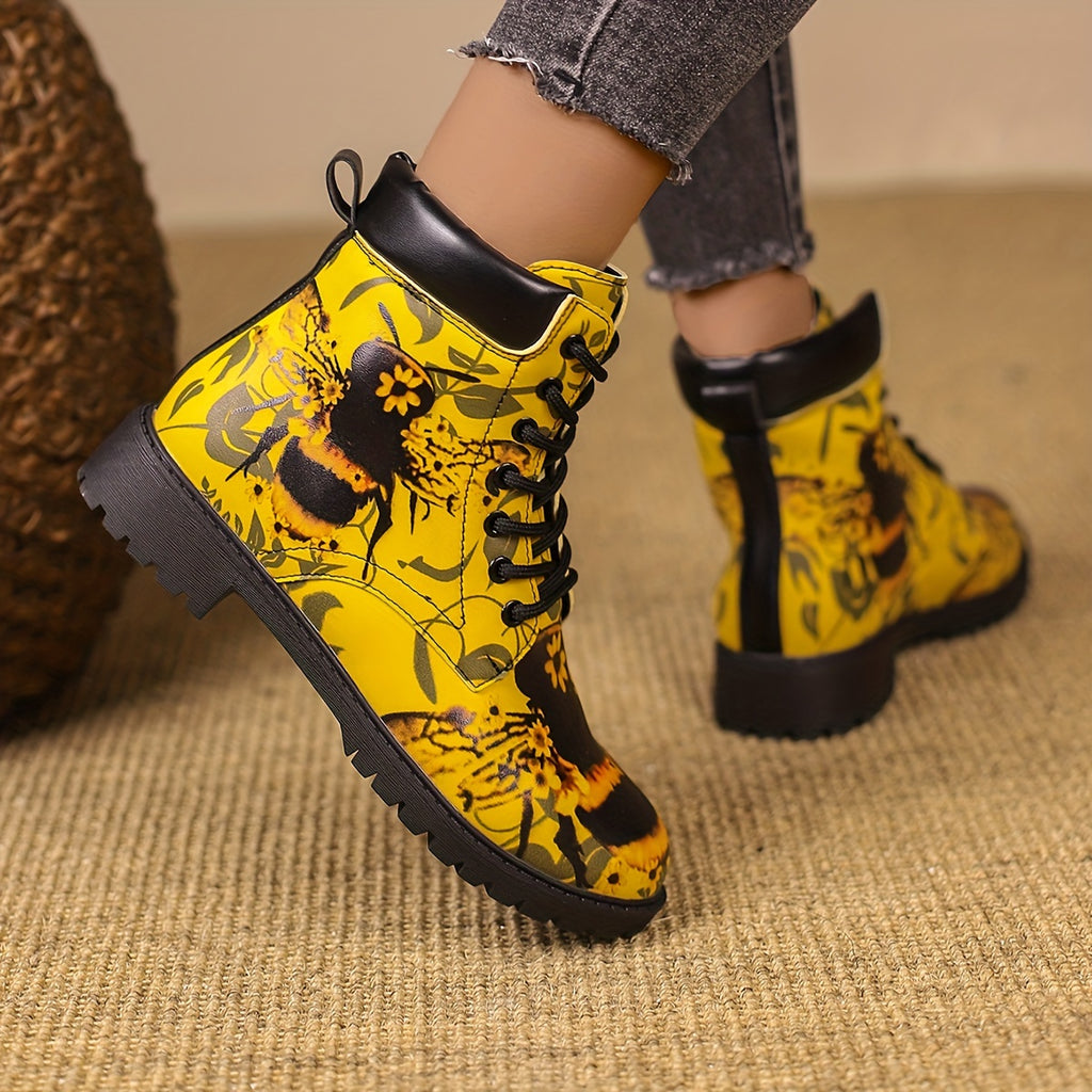 Botas curtas com estampado de abelha na moda para mulheres, botas de tornozelo com atacadores na moda, botas confortáveis para mulheres
