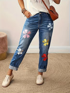 Calças Jeans Femininas Elásticas - Calças de Stretch Não Transparentes com Estampa Floral (Rosa/Vermelho/Amarelo), Corte Reto para Looks Casuais e Formais, Lavável em Máquina, Bordado Decorativo, Moda Confortável
