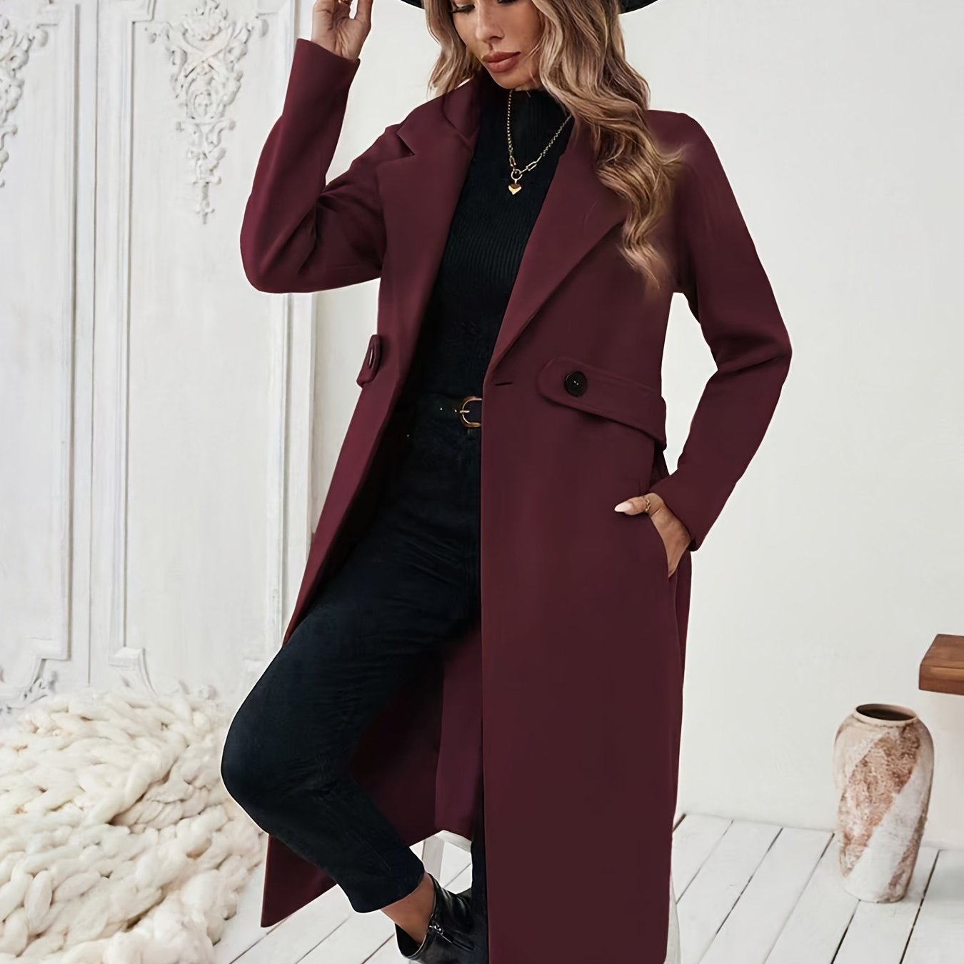 Elegant Women's Long Coat with Belt & Bamboo Details