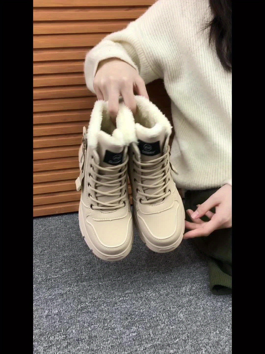 Botas de Inverno Grossas e Quentes para Mulher com Lã e Sola Grossa de PVC - Botas de Inverno de Dedo Redondo e Salto Médio com Atacadores e Parte Superior em PU, Botas de Inverno | Botas de Cano Médio com Atacadores | Botas com Cobertura em PU