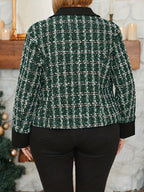 Jaqueta Xadrez Elegante Plus Size - Casaco de Inverno com Gola, Blazer Xadrez Verde/Branco/Preto/Bege, Lavável à Máquina, Roupa de Outono/Inverno para Escritório e Eventos Semi-Formais