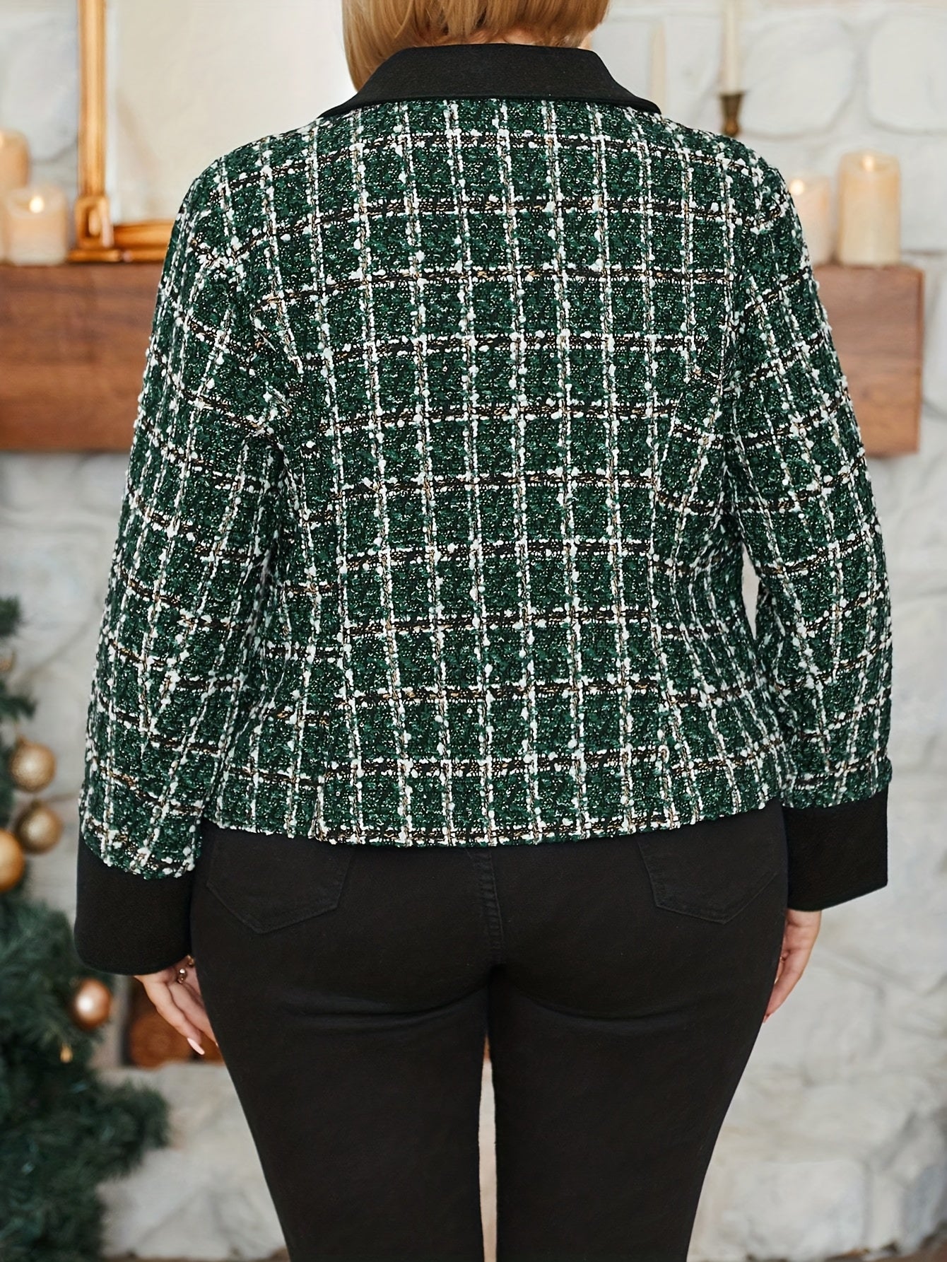 Jaqueta Xadrez Elegante Plus Size - Casaco de Inverno com Gola, Blazer Xadrez Verde/Branco/Preto/Bege, Lavável à Máquina, Roupa de Outono/Inverno para Escritório e Eventos Semi-Formais