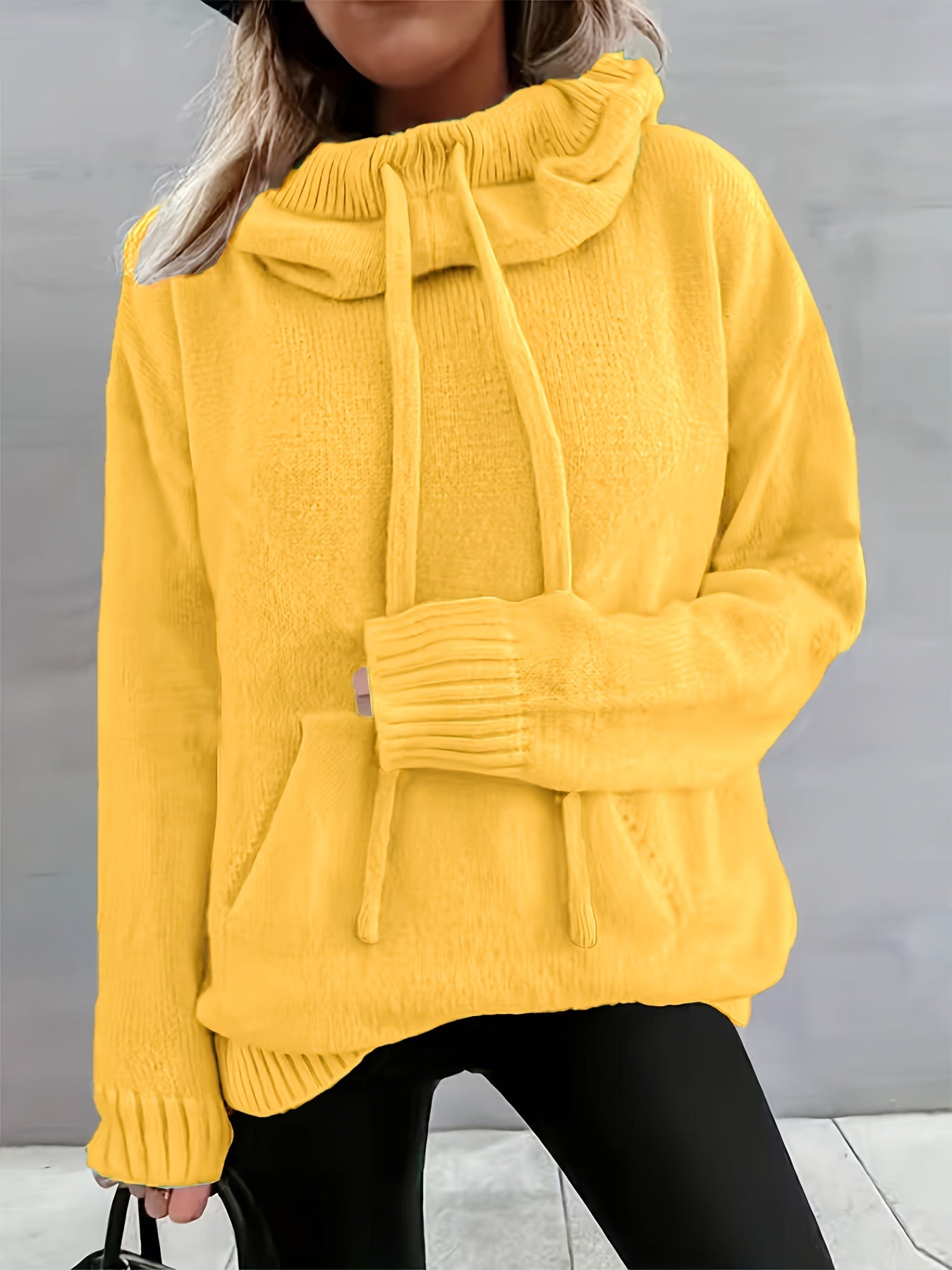 2025 Nova Outono E Inverno Mulher Casual Versátil Cor Sólida Com Cordão Bolsa Capuz Pulôver