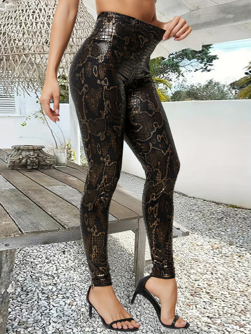Leggings Femininas Chiques de Cintura Alta com Estampa de Python Dourado e Elásticas - Casuais, Laváveis à Máquina