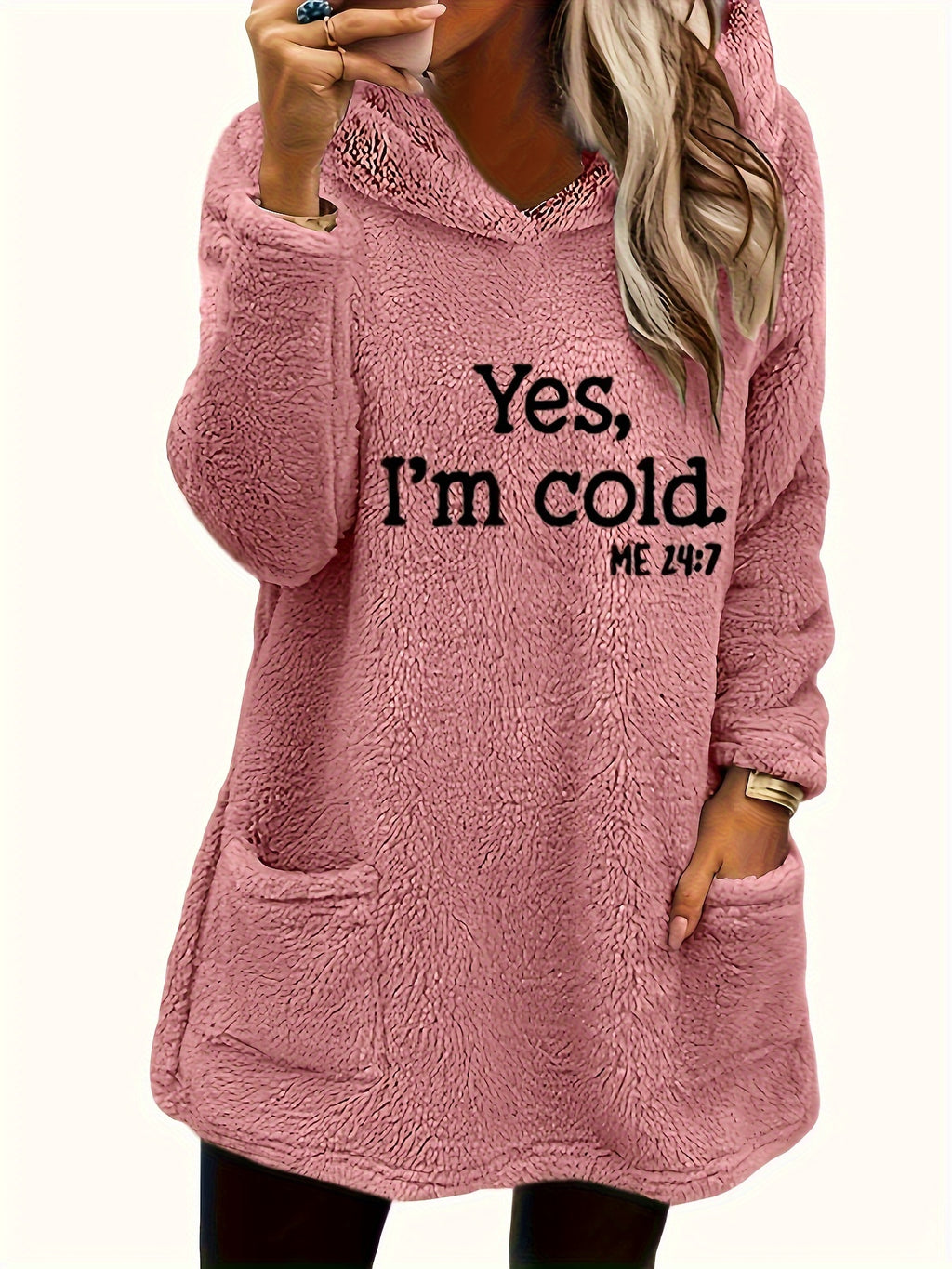 Moletom com Capuz de Urso Teddy "Sim, Estou Frio" para Mulheres - 100% Poliéster Ajuste Relaxado Manga Longa com Bolsos Duplos, Top Casual Forrado em Fleece Aconchegante para Outono & Inverno