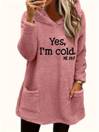Moletom com Capuz de Urso Teddy "Sim, Estou Frio" para Mulheres - 100% Poliéster Ajuste Relaxado Manga Longa com Bolsos Duplos, Top Casual Forrado em Fleece Aconchegante para Outono & Inverno