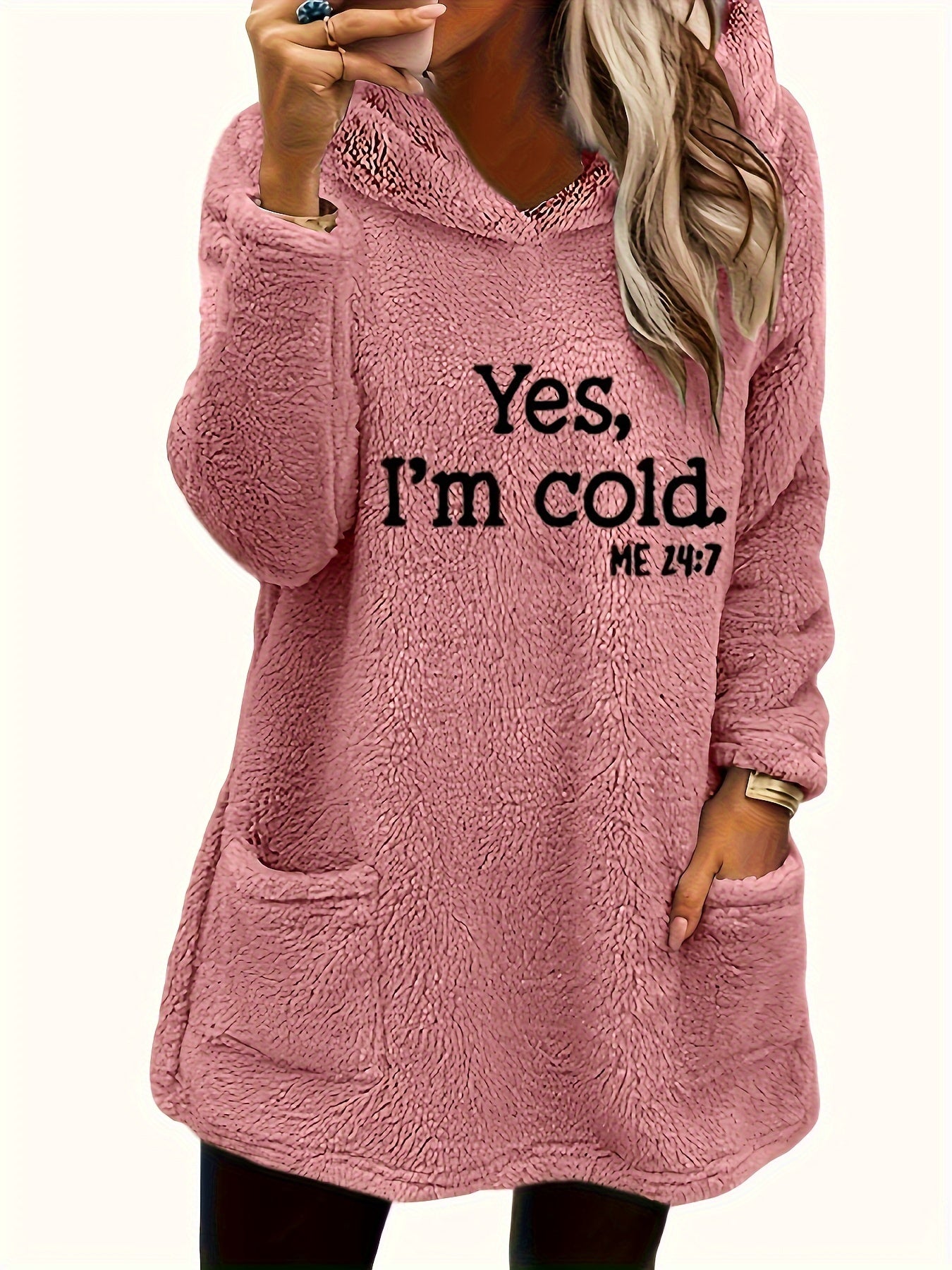 Moletom com Capuz de Urso Teddy "Sim, Estou Frio" para Mulheres - 100% Poliéster Ajuste Relaxado Manga Longa com Bolsos Duplos, Top Casual Forrado em Fleece Aconchegante para Outono & Inverno